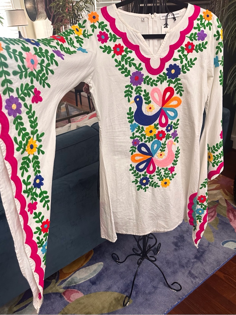 Boho Festival Embroidered White Mini Dress with Multicolor Floral & Bird Motif